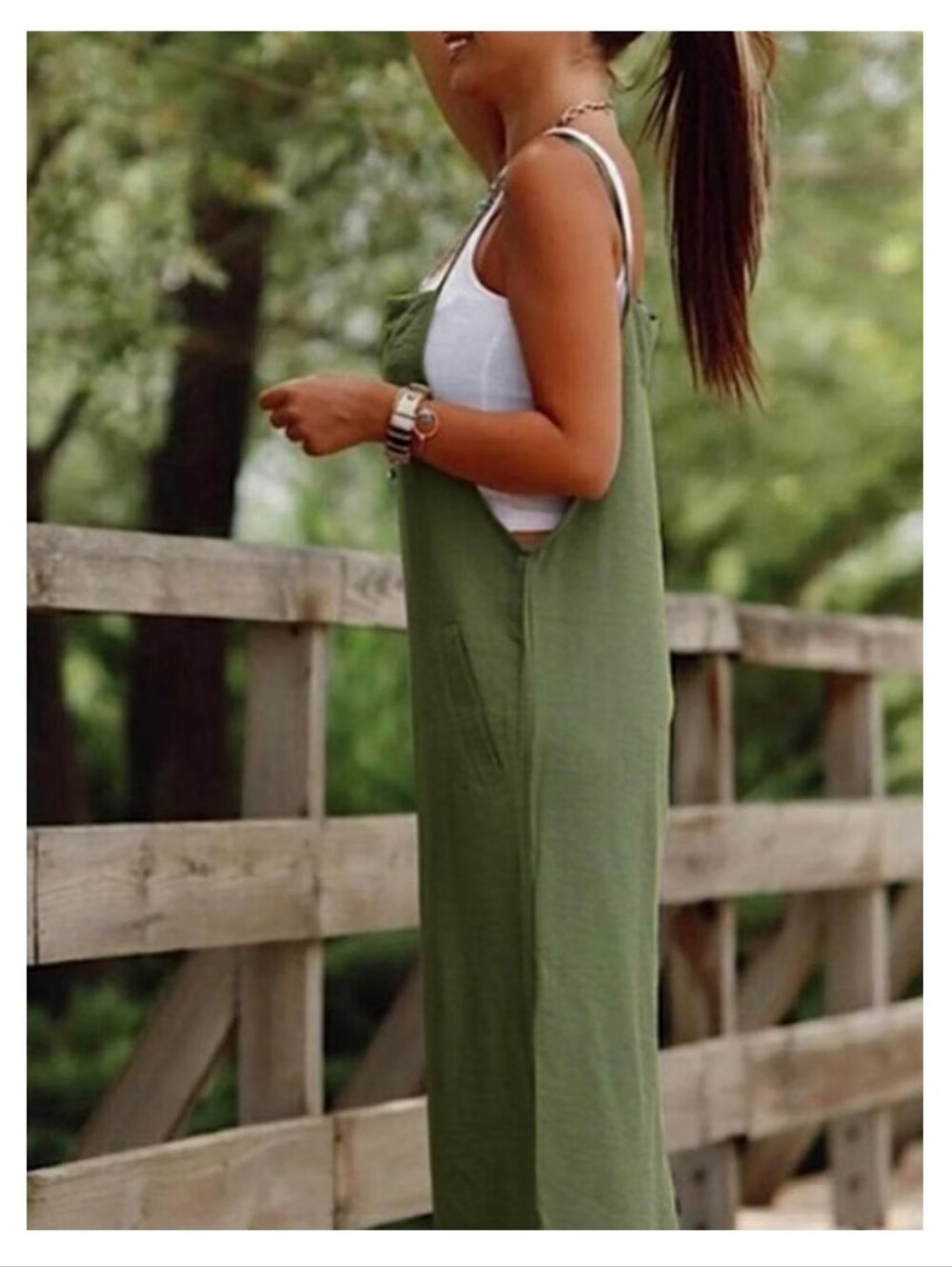 NEW Lightweight Boho Army Green Wide Leg Jumpsuit Adj Skinny Straps Pockets MED - Picture 3 of 13